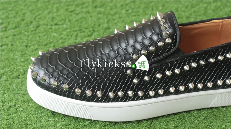 Christian Louboutin Low Spikes Python Leather Pik Boat Flat Black Casual Shoes White Rivets